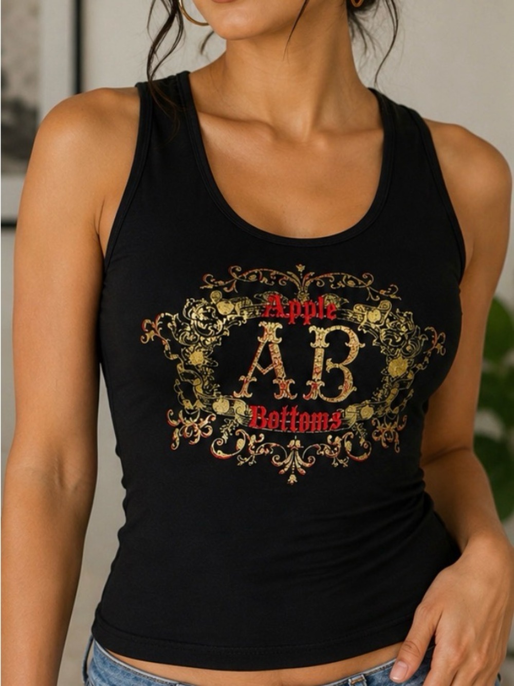 Apple Bottoms Black Criss Cross Open Back Tank Top Graphic Stretch Y2K Women’s
